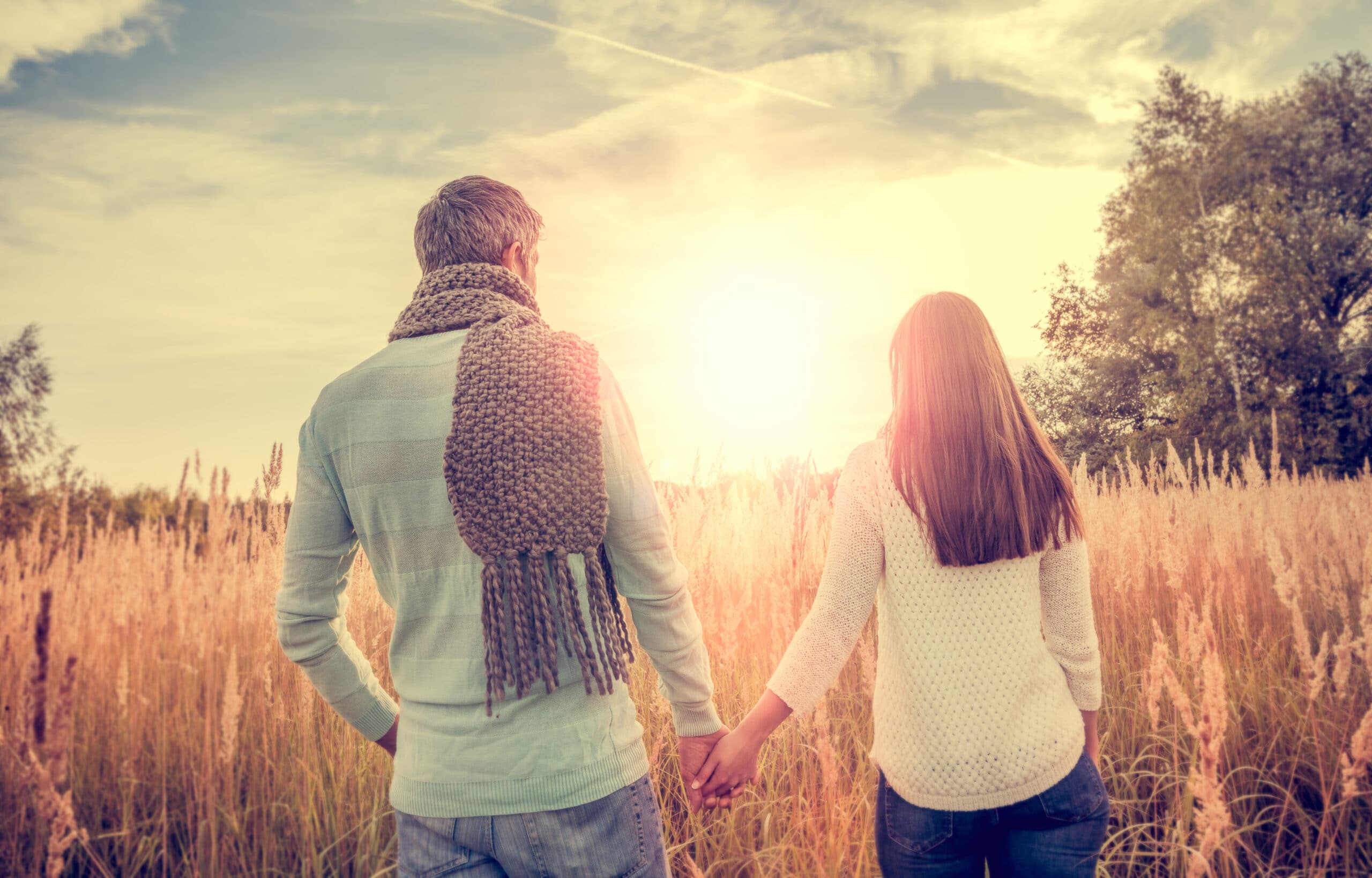 A man and woman holding hands stand in a field of tall grass at sunset, facing away from the camera.