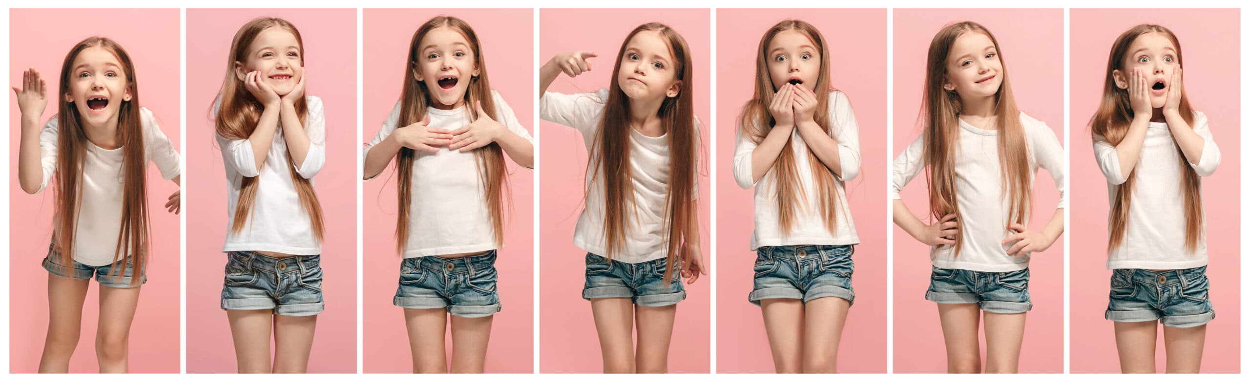A young girl with long hair and a white shirt displays a range of facial expressions and poses against a pink background.