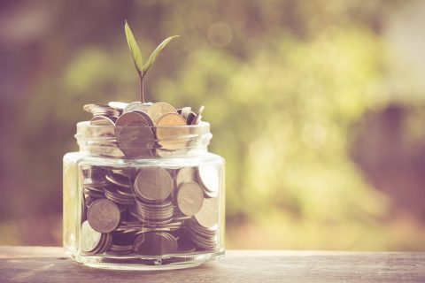 A glass jar filled with coins sits on a table, with a small green plant sprouting from the top, against a blurred outdoor background.