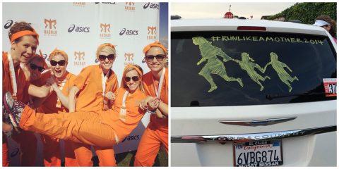 A group in matching orange outfits poses at a Ragnar Relay event; next to it, a car displays a "#RUNLIKEAMOTHER2014" decal with a running family.
