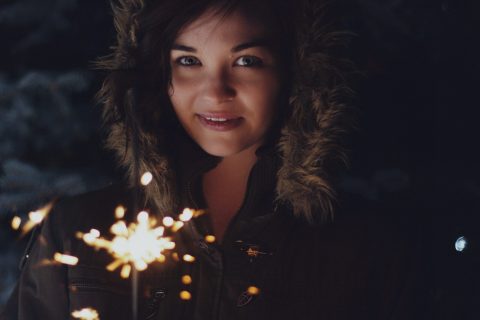 Woman wearing a fur-lined hooded jacket holds a lit sparkler at night, with a dark, blurred background.