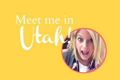 A surprised woman with blonde hair is pictured in a circular frame next to the text "Meet me in Utah!" on a yellow background.