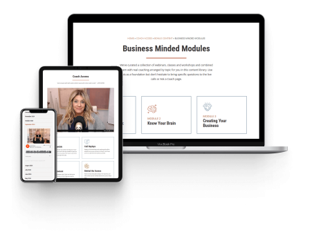 A laptop, tablet, and smartphone display online business course content, including video modules and coaching access options.