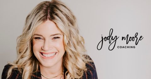 A woman with blonde hair smiles at the camera, with the text "jody moore coaching" displayed to the right on a plain background.