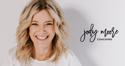 Smiling woman with shoulder-length blonde hair wearing a white top; text to the right reads "jody moore coaching" in script and print fonts.