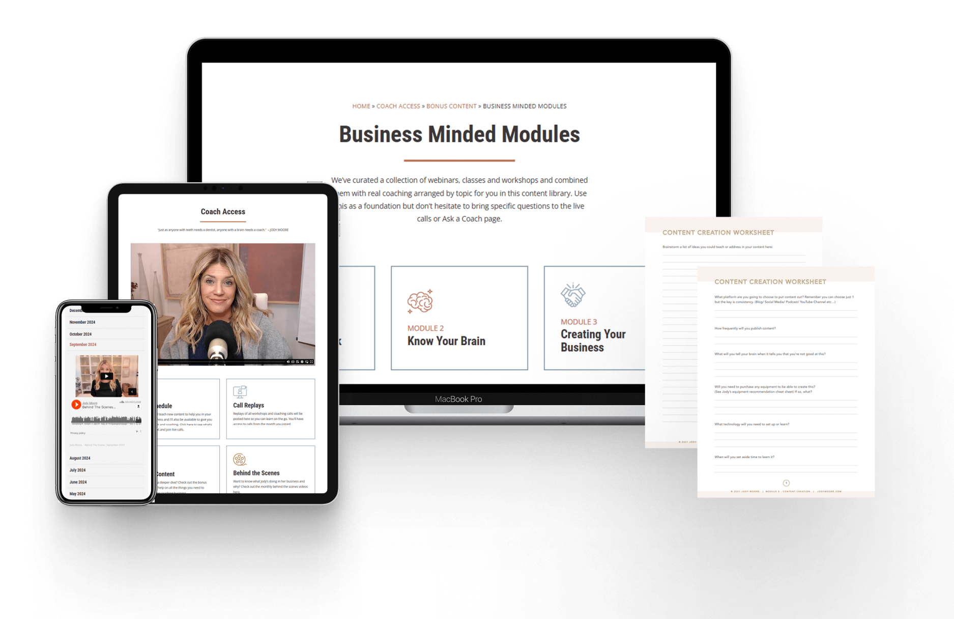 A laptop, tablet, and smartphone displaying business course modules, alongside two printed worksheets on a white background.